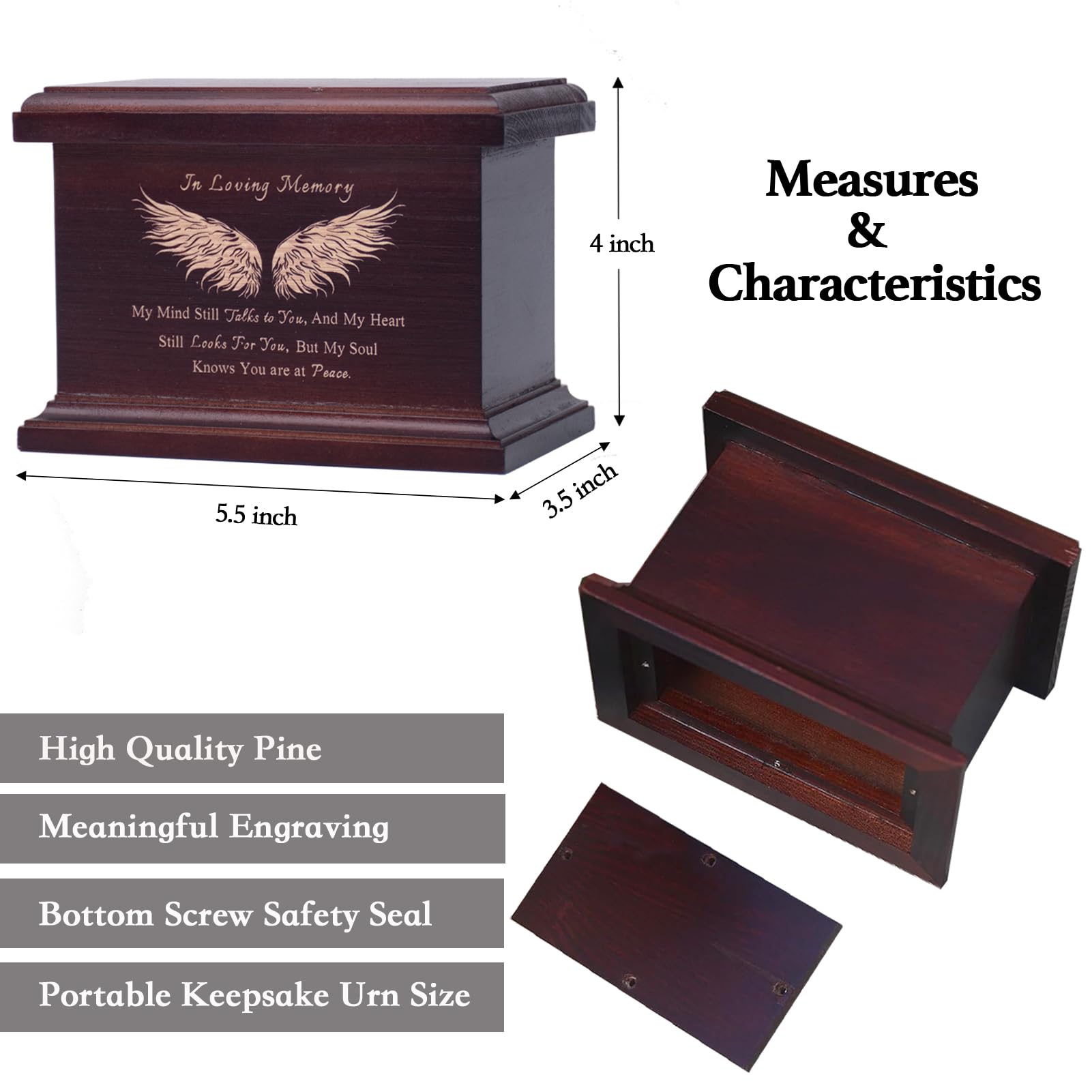 6 Inches Small Wood Urns for Ashes, Funeral Memorial Urns, Small Urns Keepsake Wooden Urns Box and Casket, Keepsakes Urns for Human/Pet Ashes-Wing