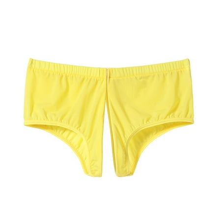 

YIWEI Women s Ladies Sexy Oil Shiny Panties Underwear Glossy See Through Zip Open Crotch Thong Brief Yellow L