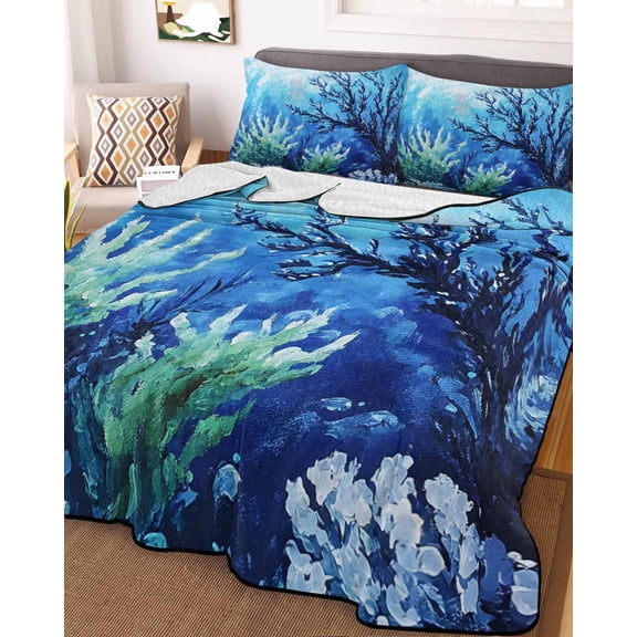 Blue Green Coral Twin XL Size Down Alternative Comforter, Lightweight Comforter Quilt Bedding Set with Pillow Shams Summer Watercolor Ocean Plant All Seasons Bed Comforter Duvet Insert 68"x98"