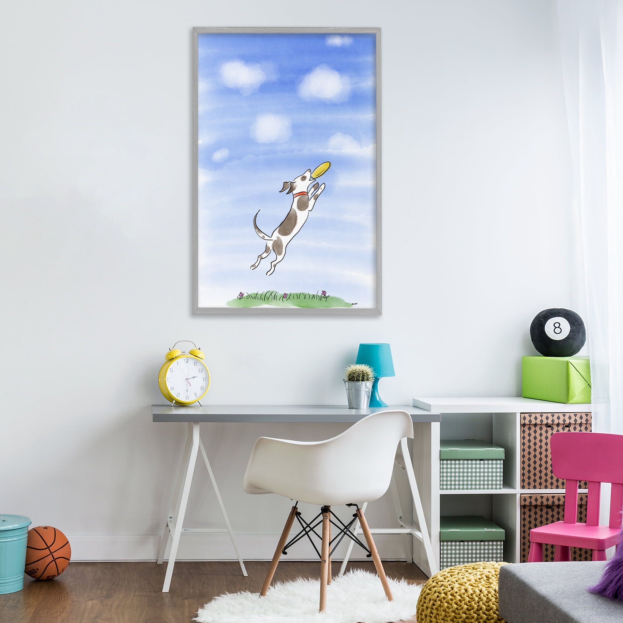 Stupell Industries Dog Catching Frisbee Gray Framed Giclee Art, design by Patti Mann
