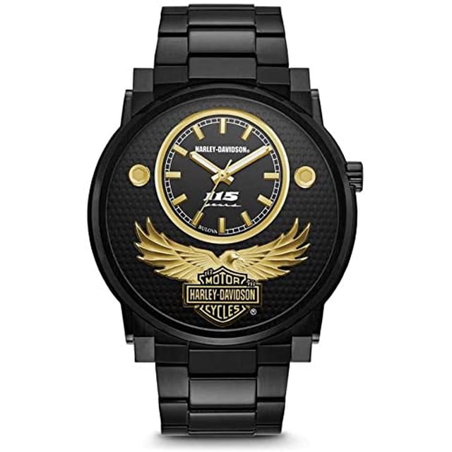 reloj harley davidson by bulova 78a119 para hombre automático edición limitada 115 aniversario negro Bulova Harley Davidson casual; vista frontal centrada de reloj para hombre con caja y brazalete negro metálico, esfera texturizada negra con aro interior dorado, manecillas y marcadores dorados, logotipo Harley‑Davidson en la subesfera y emblema alado dorado con placa "Motor Harley‑Davidson Cycles" en la mitad inferior; corona a la derecha; adecuado para uso casual y coleccionistas.