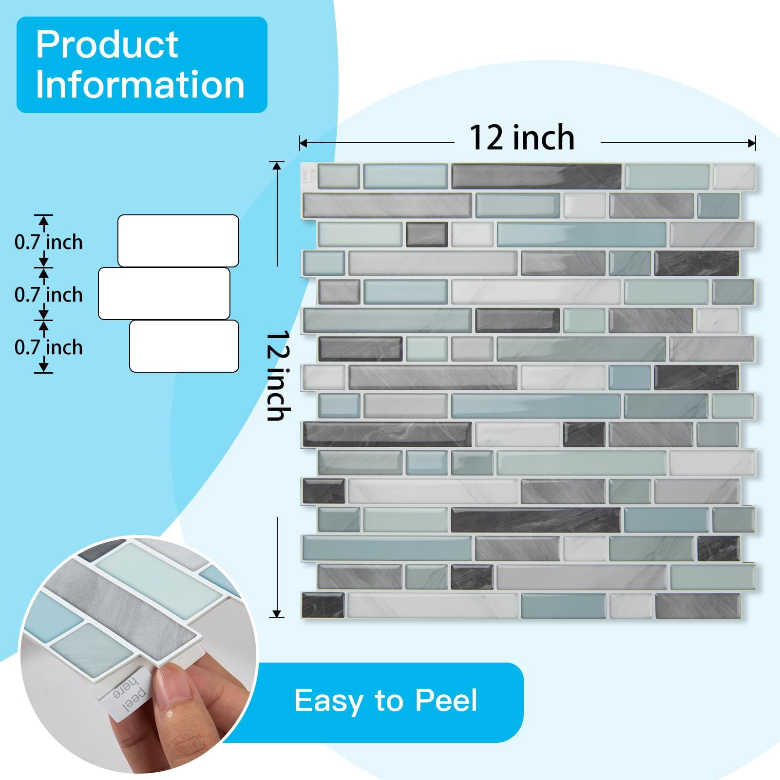 10-sheet Heavy-duty Peel And Stick Backsplash  Waterproof Wall Tiles On Kitchen Living Space Gray & Blue