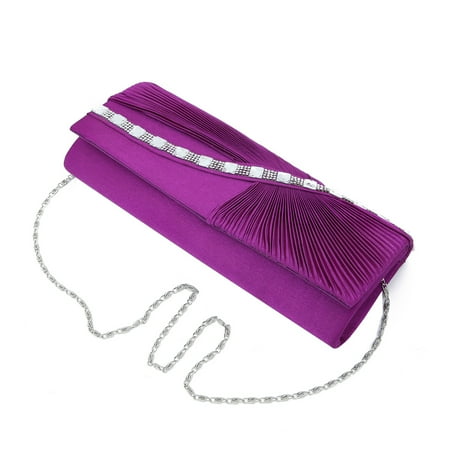 - Elegant Wave Crystal Pleated Satin Flap Clutch Evening Bag