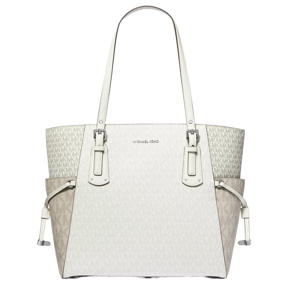 Michael Kors Voyager East/West Color-block Signature Logo Tote, Optic White/Aluminum