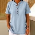 thumbnail image 2 of Women's Summer Denim Blouse V Neck Button Down 3/4 Sleeve Shirt Side Split Jean Blouse Casual Elegant Loose Tops Daily Vacation Party Tops for Ladies, 2 of 6