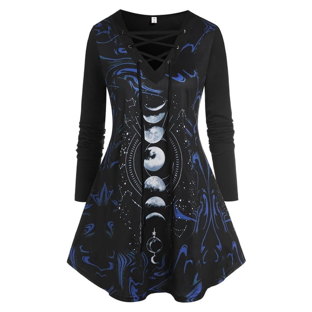 Luna impresa con encaje en frente superior Top Top Rosegal Mangas largas de talla grande