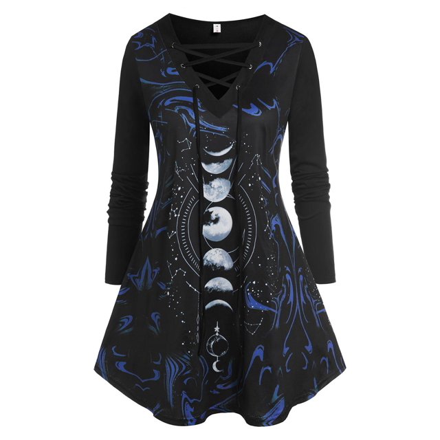 Luna impresa con encaje en frente superior Top Top Rosegal Mangas largas de talla grande