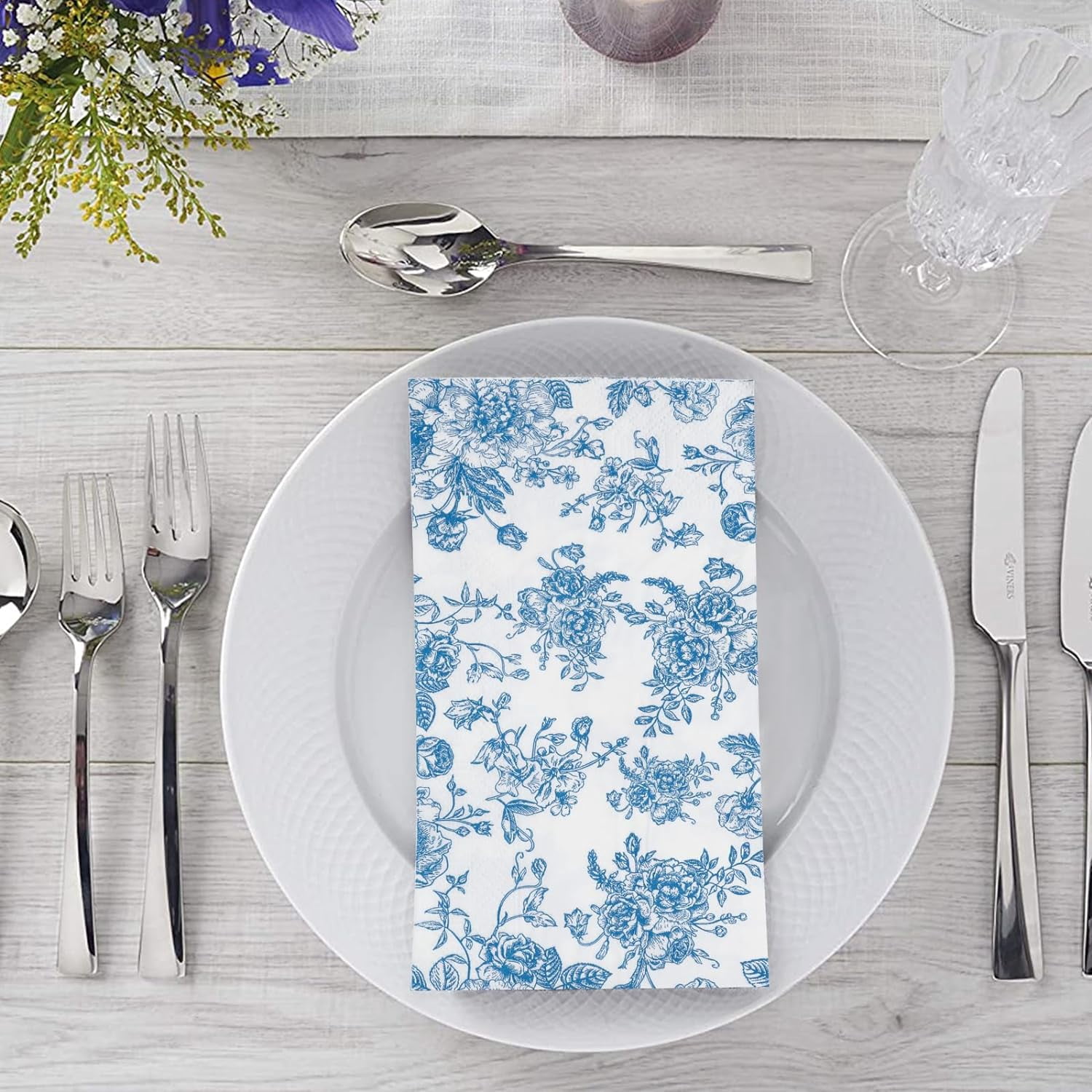100 Pack Blue Floral Guest Hand Towels Disposable for Bathroom, Blue Floral Paper Napkins Decorative Spring Flowers Napkins for Bathroom Toilet Powder Room Holiday Wedding Bridal Shower