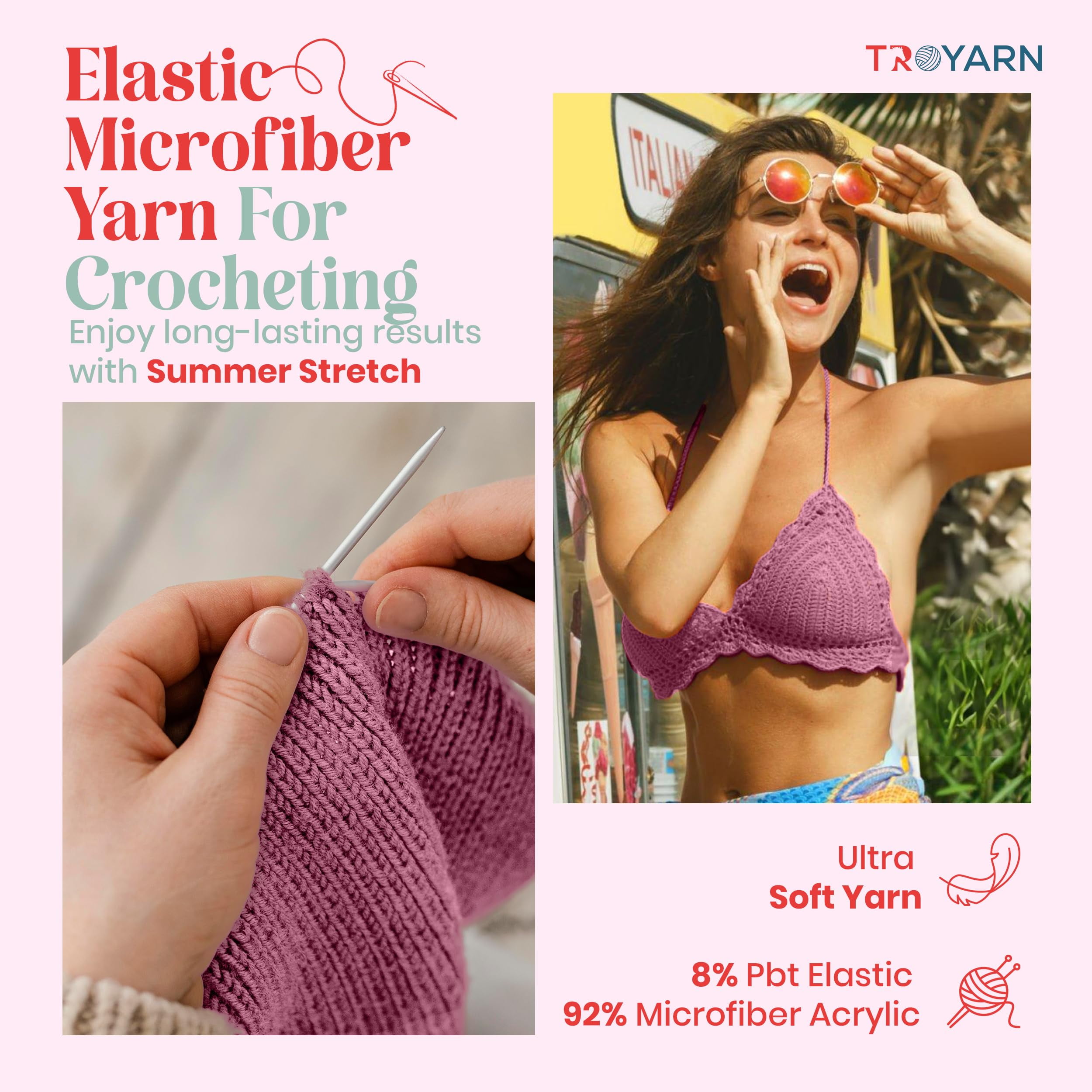 Troyarn Summer Stretch Acrylic Yarn for Crocheting - 2 Skeins of Pink Yarn Made from 100% Elastic Microfiber Acrylic for Knitting, 100gr 438 yds (114178 - Pink)