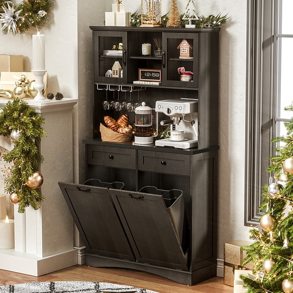 AHB 26 Gallon Tilt Out Trash Cabinet with Pantry Storage, Freestanding Kitchen Storage Organizer with Shelves, 39"L x 13.35"W x 72"H, Black