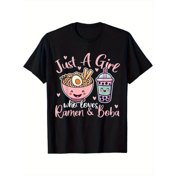 Just A Girl Who Loves Boba Graphic Tee for Women, Cute Bubble Tea Ramen Print Short Sleeve T-Shirt, Soft Casual Crew Neck Top for Daily Wear