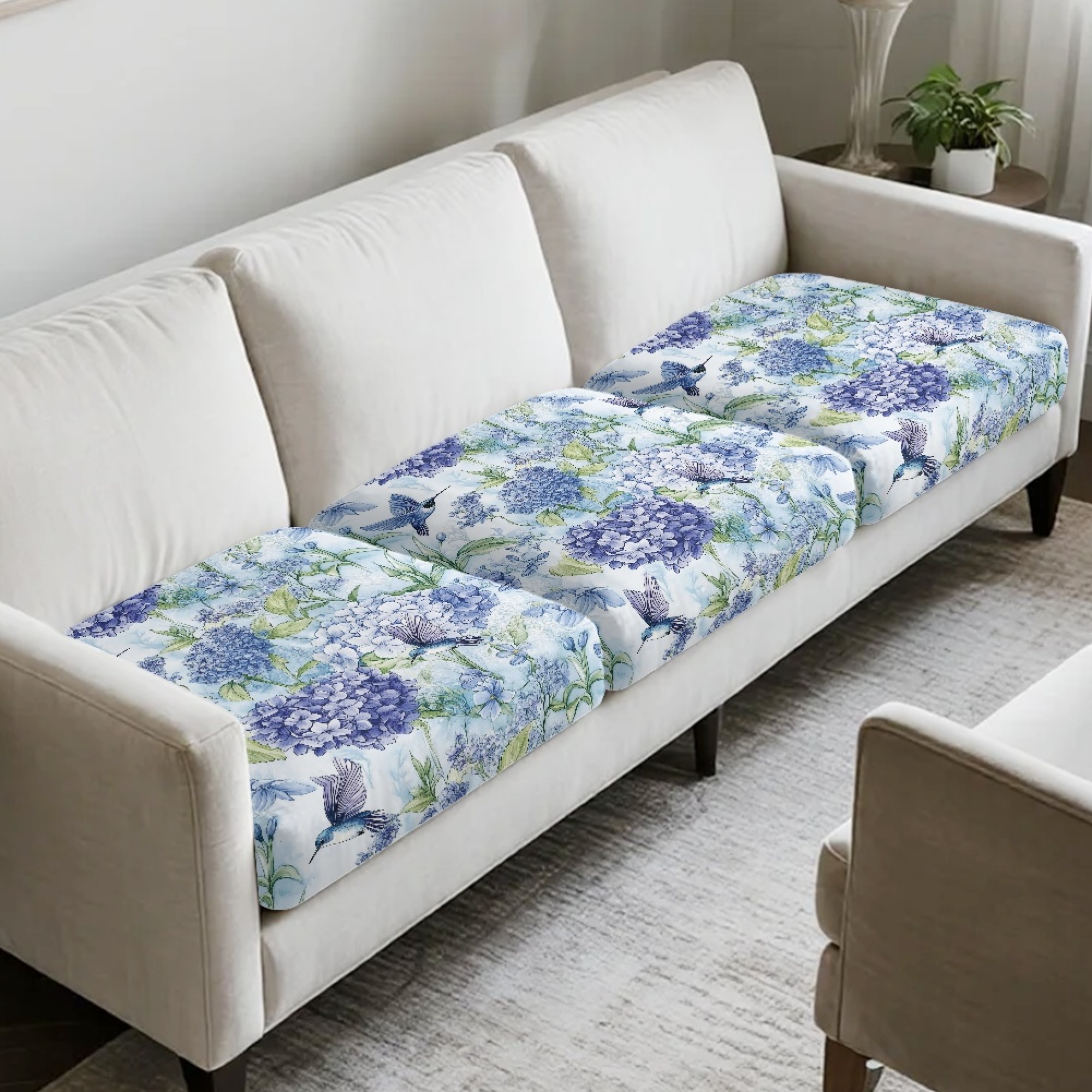 TSOVTHRID Hydrangea Floral Hummingbird Print Sofa Cushion Cover, Sofa Seat Covers Couch Cushion Sofa Slipcovers Stretch Couch Cushions Furniture Protector with Elastic Bottom