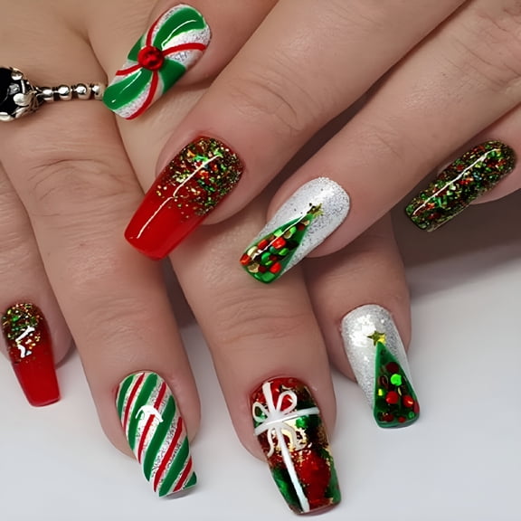RAGUPEL 24Pcs Christmas Long Press on Nails Square Fake Nails Winter False Nails Charm Glue on Nails French Tip Acrylic Nails Reusable Stick on Nails