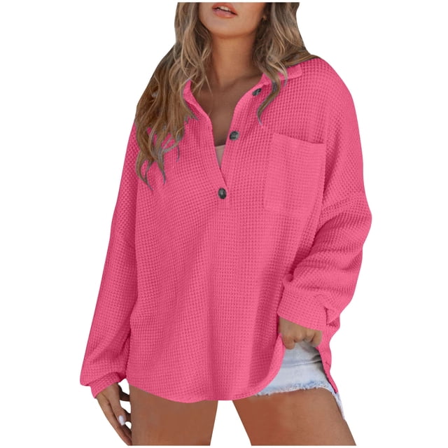 cfhntfmh Womens Oversized Sweater Loose V Neck Buttons Knit Long Sleeve Shirts Solid Color Pullovers with Pockets