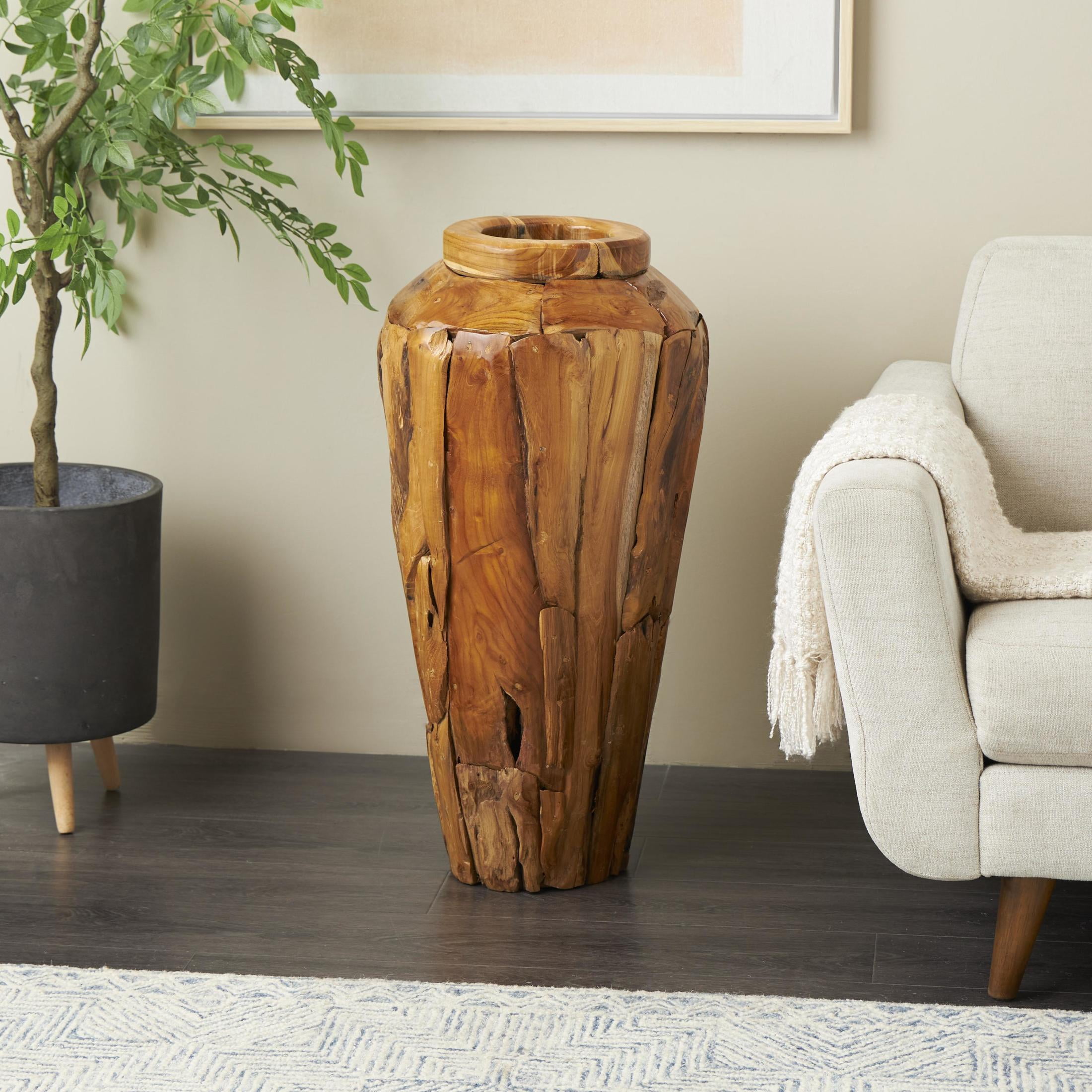 DecMode 32" Handmade Tall Floor Brown Teak Wood Vase with Mosaic Live Edge Pieces