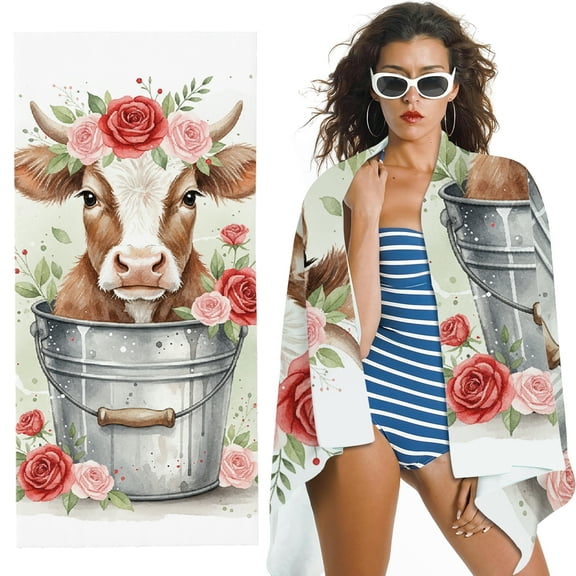 RKSupls Highland Cow Rose Oversized Microfiber Beach Towel, Ultra-Soft Microfiber for Bathroom, beach, Soft Super Absorbent- 30x60 in
