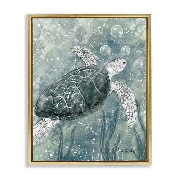 Stupell Industries Tropical Green Turtle & Bubbles Gold Floating Frame Canvas Art, 17 x 21, by Nidhi Wadhwa
