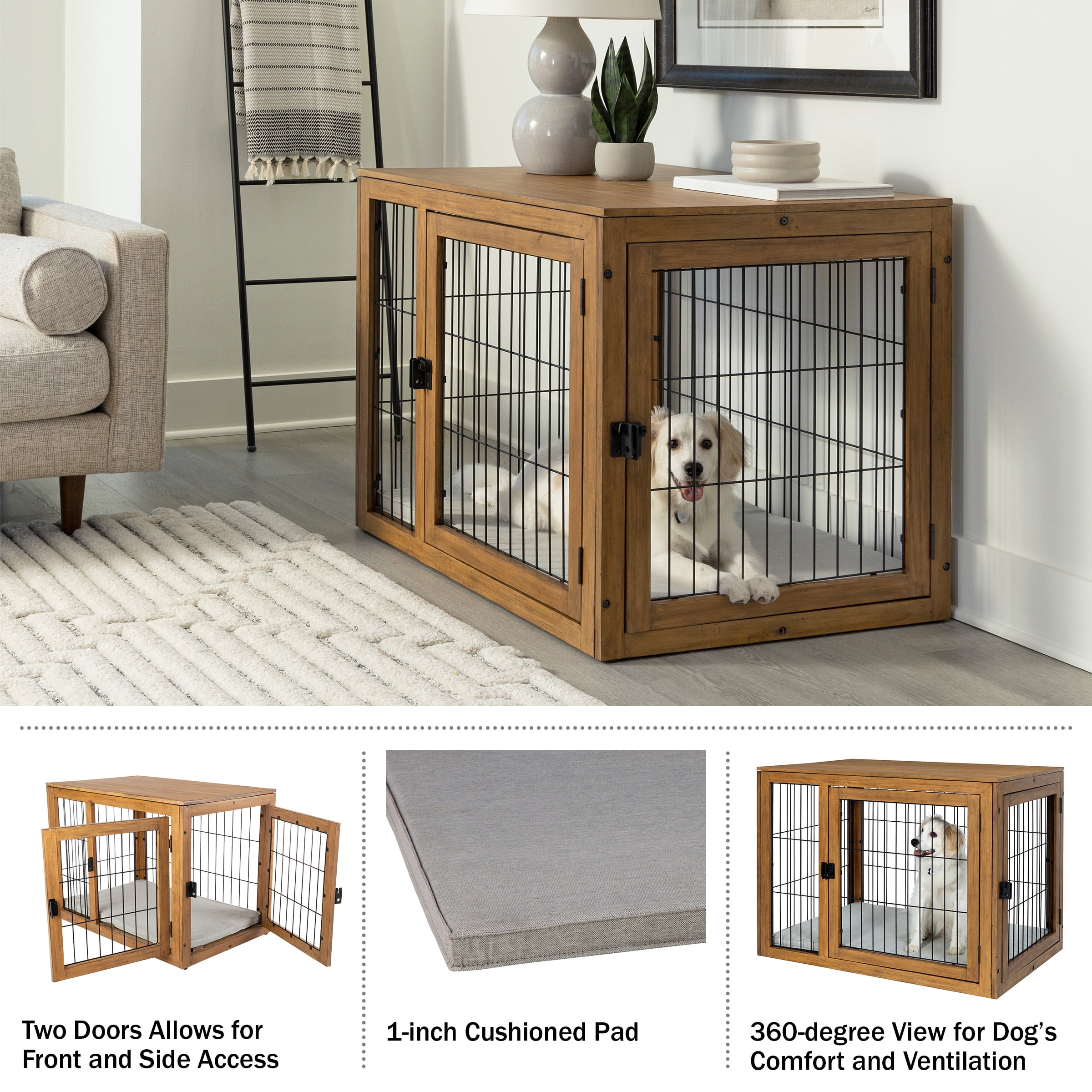 Free Shipping PETMAKER Large Furniture Style Dog Crate with Double Doors and Cushion Natural Walmart
