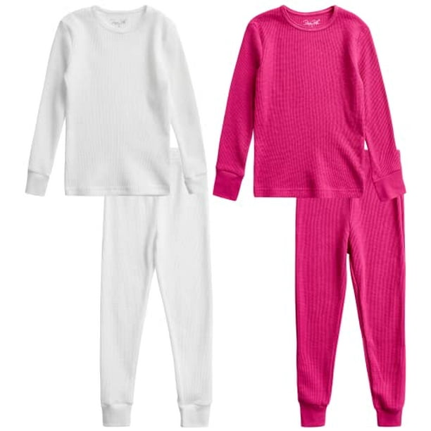 Baby Girls' Thermal Underwear - 2 Piece Waffle Knit Long John Set (Size:  12M-24M), Size 12 Months, White/Fuchsia 