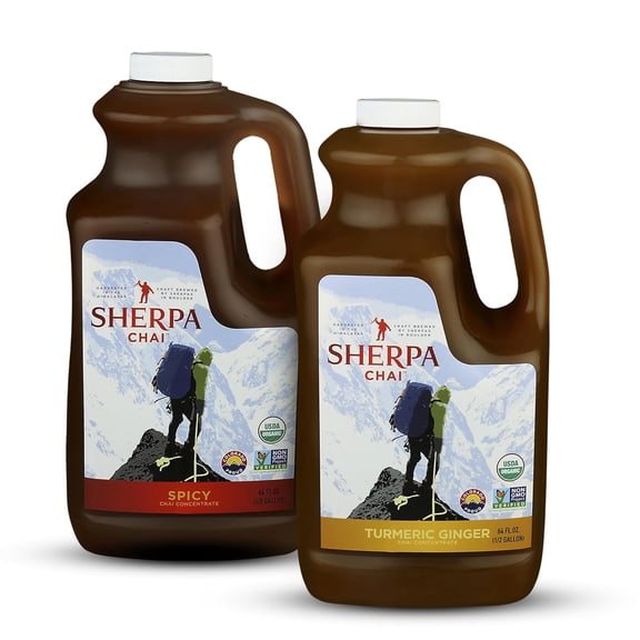 Sherpa Chai Turmeric Ginger, Spicy Organic Chai Tea Concentrate,64 oz-Himalayan Black Tea w/Non-GMO Ingredients-Authentic Recipe Brewed by Nepali Sherpas-Gift for Tea Lovers