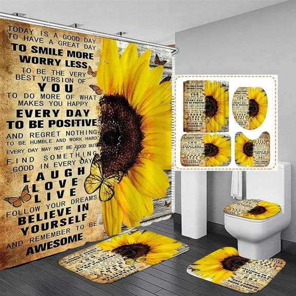 4pcs Shower Curtain Sets with Rugs Sunflower Bathroom Set Decor Inspirational Quotes Bathroom Curtains Shower Set with Rugs and Accessories
