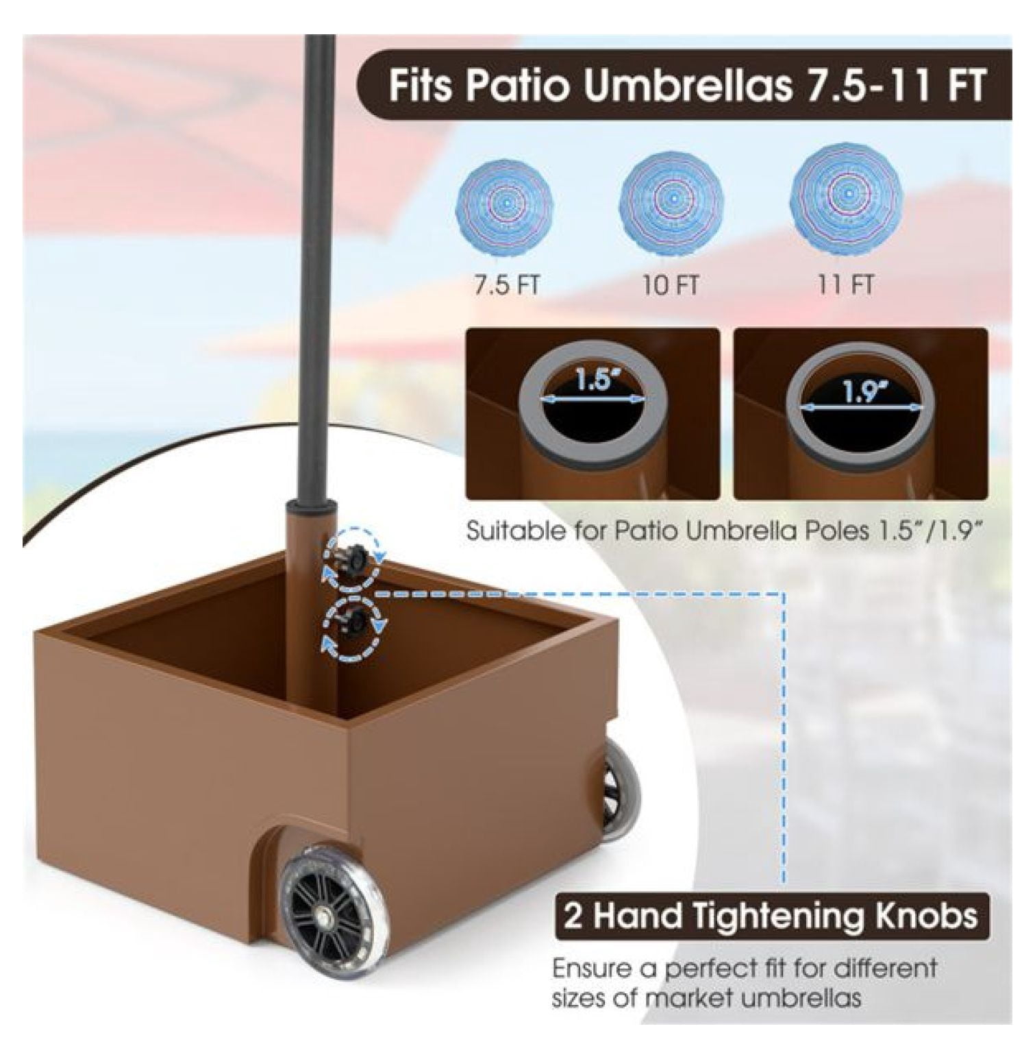 150LBS Umbrella Base with Wheels, Coffee, Patio Umbrella Stand for 7.5-11ft Umbrellas, Fillable Planter, 2 Adapters, Heavy Duty Steel
