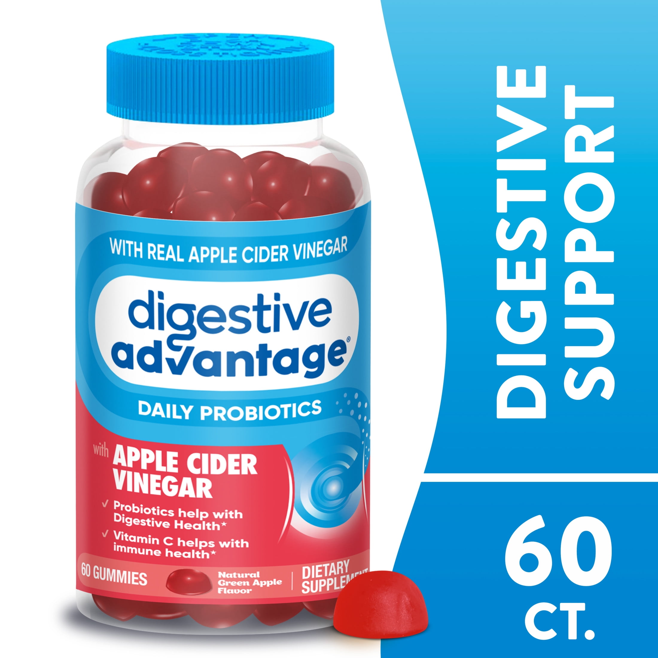 (2 pack) Digestive Advantage Daily Probiotics with Apple Cider Vinegar For Women And Men, Apple Flavor, 60 Gummies