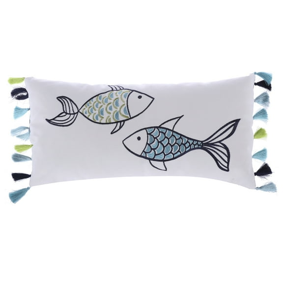 Levtex Home - Decorative Pillow (12 x 24in.) - Embroidered Fish with Tassels - Blue, Green, Aqua and White