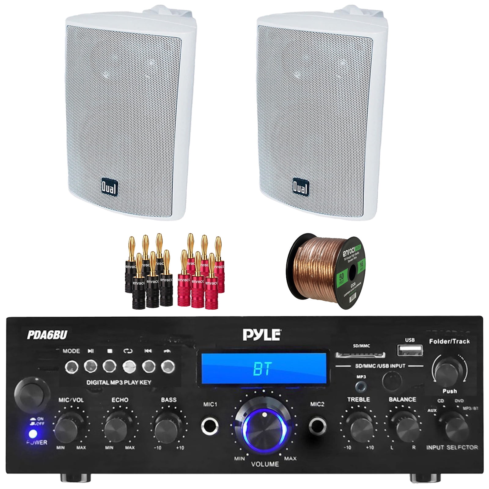 Pyle PDA6BU 200-Watt Bluetooth USB/AUX Home Audio Stereo Receiver, 2x Dual Electronics LU47PW 4" 200 Watt Max Power 3-Way Indoor/Outdoor White Speakers, Banana Plugs, 50 Feet 16 Gauge Speaker Wire