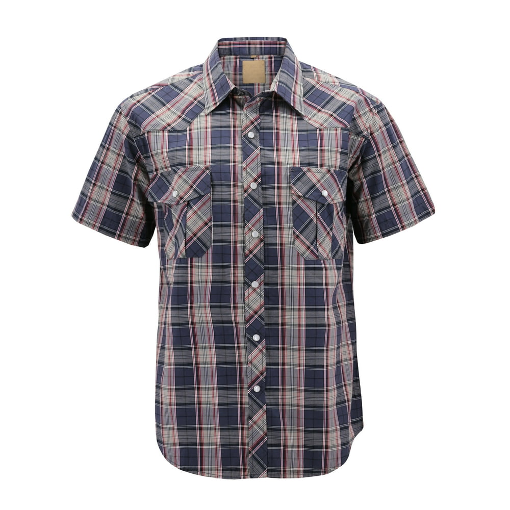 VKWEAR - Men’s Western Short Sleeve Button Down Casual Plaid Pearl Snap