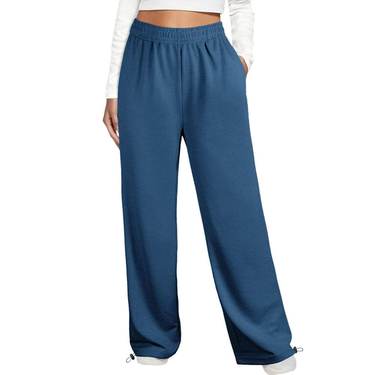 Clearance RYRJJ Women's Wide Leg Pants with Pockets Casual Sweatpants  Elastic Waist with Drawstring Bottom Comfy Lounge Baggy Pants(Blue,S) 