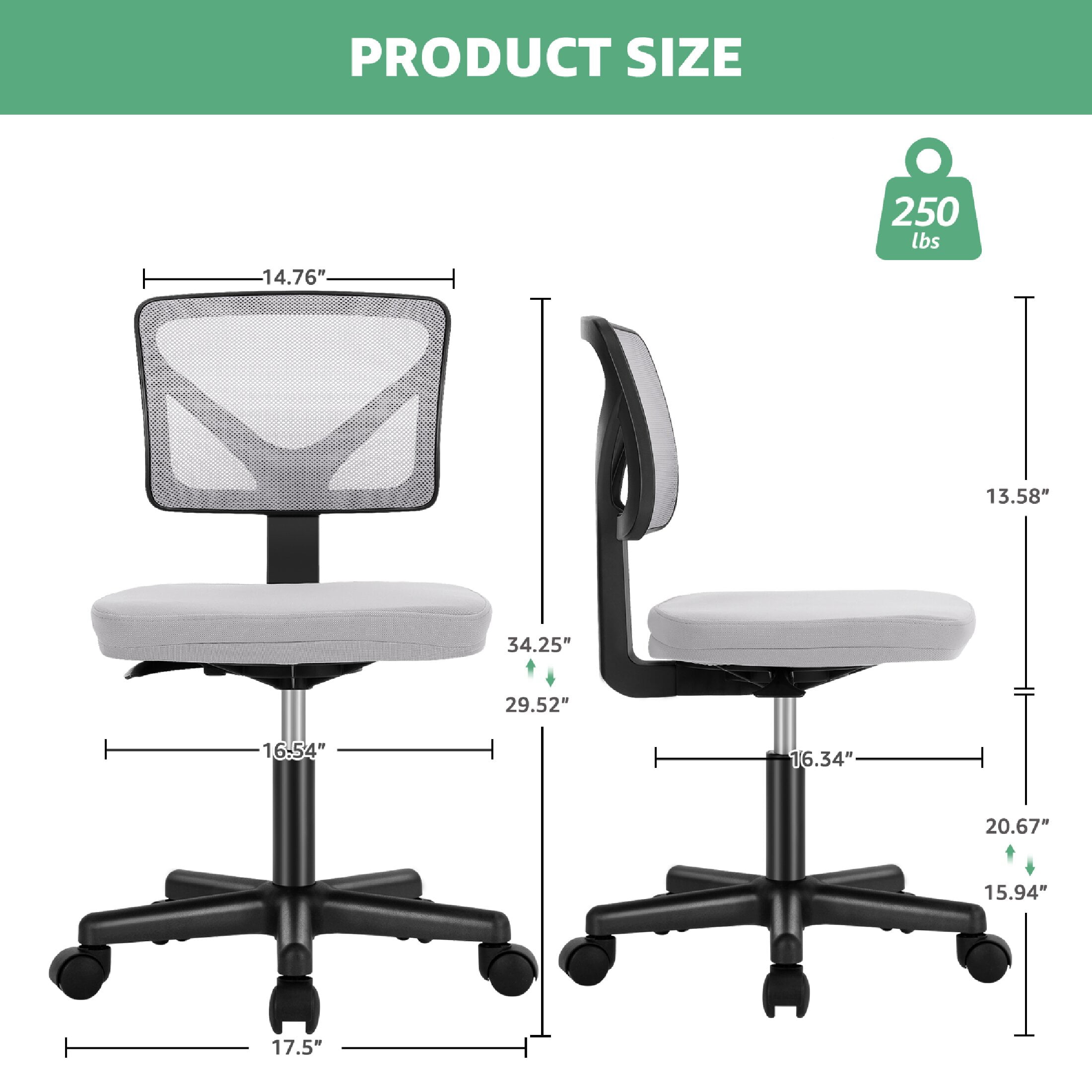 CONCETTA Armless Office Computer Desk Chair, Ergonomic Low-Back Mesh Rolling Work Swivel Chairs with Wheels, Gray
