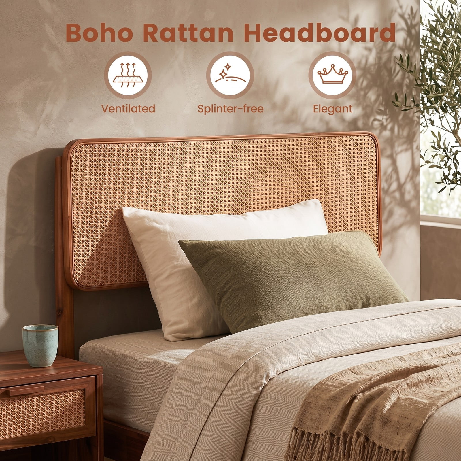 Furnibear Twin Bed Frame with Storage, Boho Rattan Wood Platform Bed with Acacia Wood Slat Support and Woven Headboard, No Box Spring Needed, Brown
