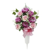 22" Artificial Silk Pink Mixed Rose Cemetery Flower Small Flat Vase, by Mainstays