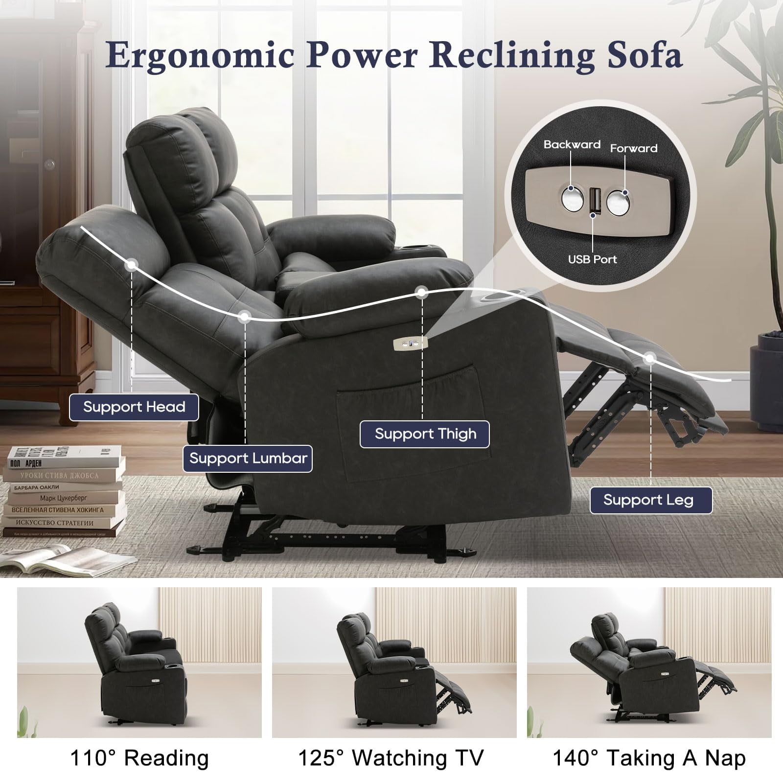 80'' Power Reclining Sofa with Heat and Massage, Electric Reclining Couch with Extended Footrest, Wall Hugger 3-Seater Recliner Sofa with USB Ports, Cup Holders for Living Room