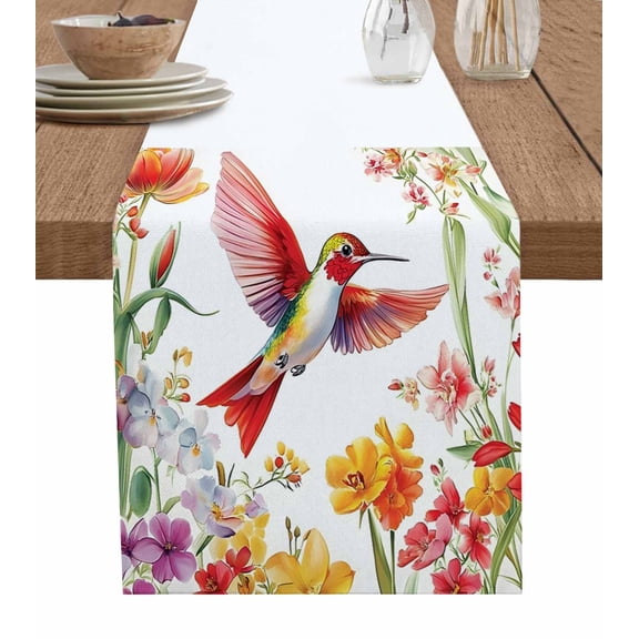 Ldtrchee Spring Floral Table Runner 72 Inches, Birds Summer Botanical Colorful Flowers Bed Runner Dresser Scarves Tabletop for Indoor Outdoor Parties/Ceremony/Banquet, 13" x 72"