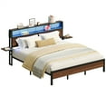 thumbnail image 2 of Bestier King Size Platform Bed Frame with Wood Foldable Bedside Shelves and LED Storage Headboard Charge Station, Walnut, 2 of 9