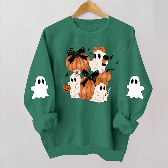 NSLGXD Halloween Sweatshirts for Women Spooky Ghost Graphic Pullovers Stretch Work Round Neck Long Sleeve Y2k Tops Halloween Costumes