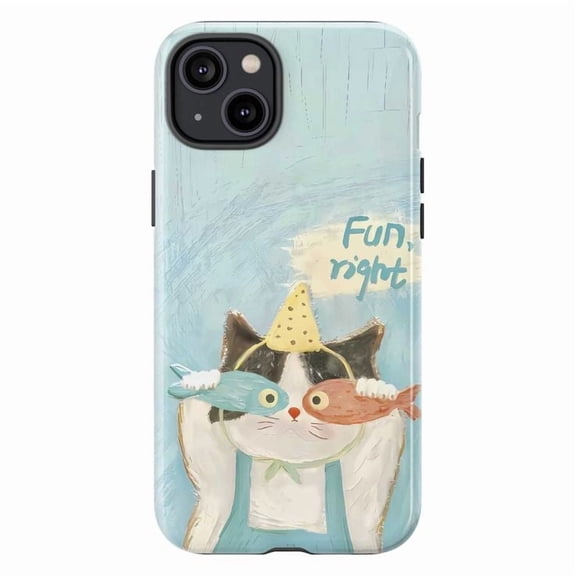 Cute Cat Party Phone Case, Cartoon Kitty with Fish Illustration iPhone Cover, Fun Artistic Protective Case for iPhone 17 16 15 14 13 12 11 Pro Max Plus Mini