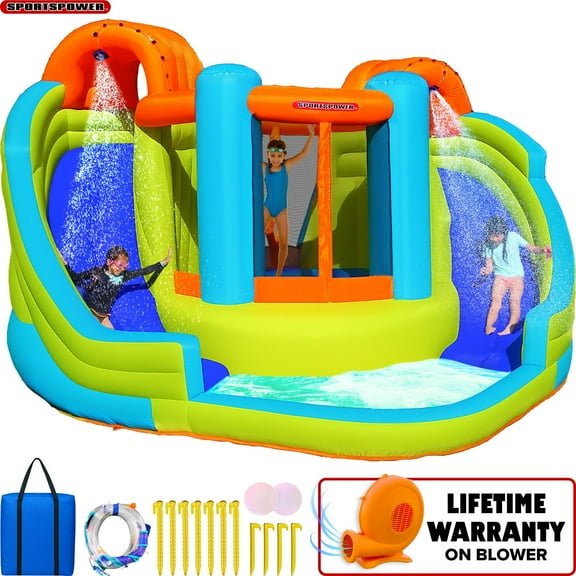 Sportspower™ Double Slide & Bounce House with Splash Pool, Water Sprinklers, Heavy Duty, ASTM Certified, Ages 3-8, Lifetime Warranty on Included Blower