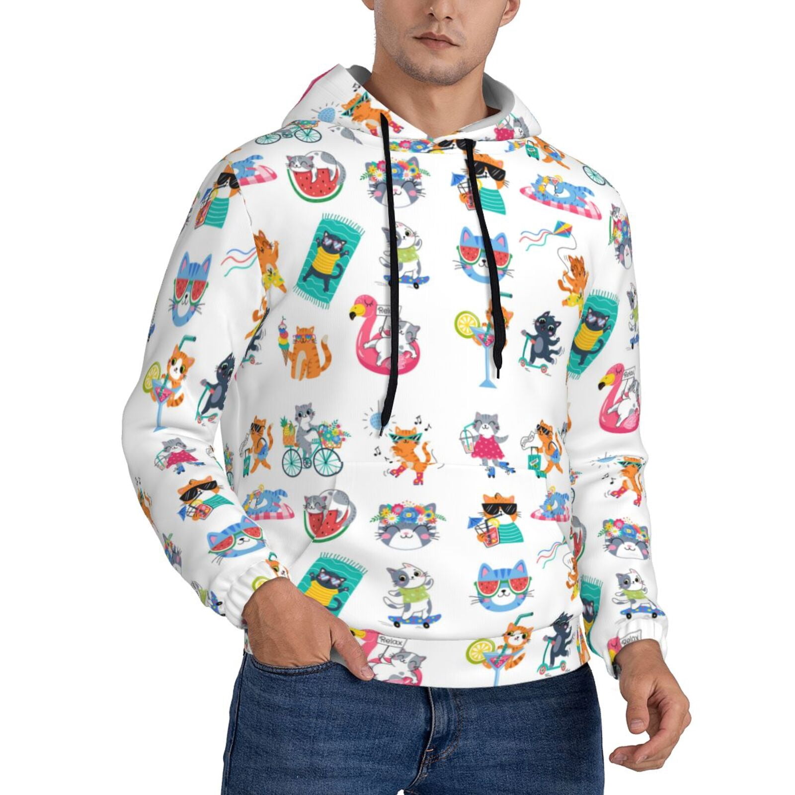 Picia Hello Summer Cat Pattern Casual Men's Hoodie - Lightweight Hooded Sweatshirt with Kangaroo Pocket, Comfortable Pullover for Everyday, Travel-3X-Large