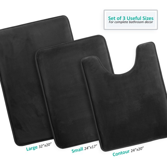 Set of 3 Clara Clark Bath Mat Bathroom Rug - Absorbent Memory Foam Bath Rugs - Non-Slip, Thick, Cozy Velvet Feel Microfiber Bathrug - Black - Large 20"x32" - Small 17"x24" - Contour 24"x20"