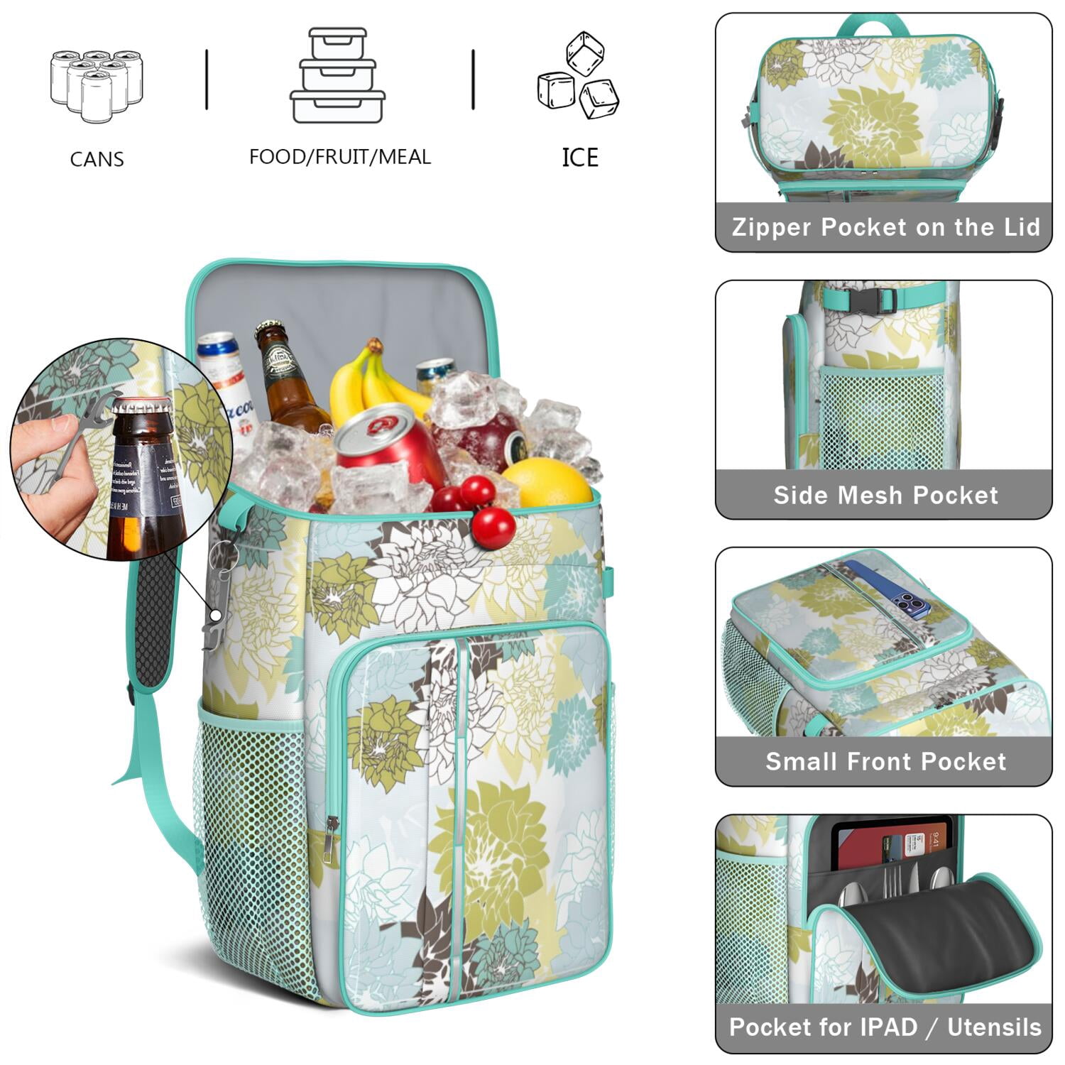 Travel Cooler Bag - Boho Bohemia Pioneer Flower Art Camping Beer Cooler Backpack with Bottle Opener- Waterproof Insulated Picnic Backpacks - Cooler Bag for Beach