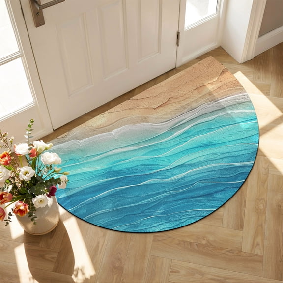 Diatomaceous Earth Bath Mat 16"x24", Aqua Ombre Coastal Absorbent Half Circle Bathroom Rugs with Non-Slip Backing Rubber, Low-Profile Doormat for Kitchen Sink Summer Nautical Beach Ocean Seaside