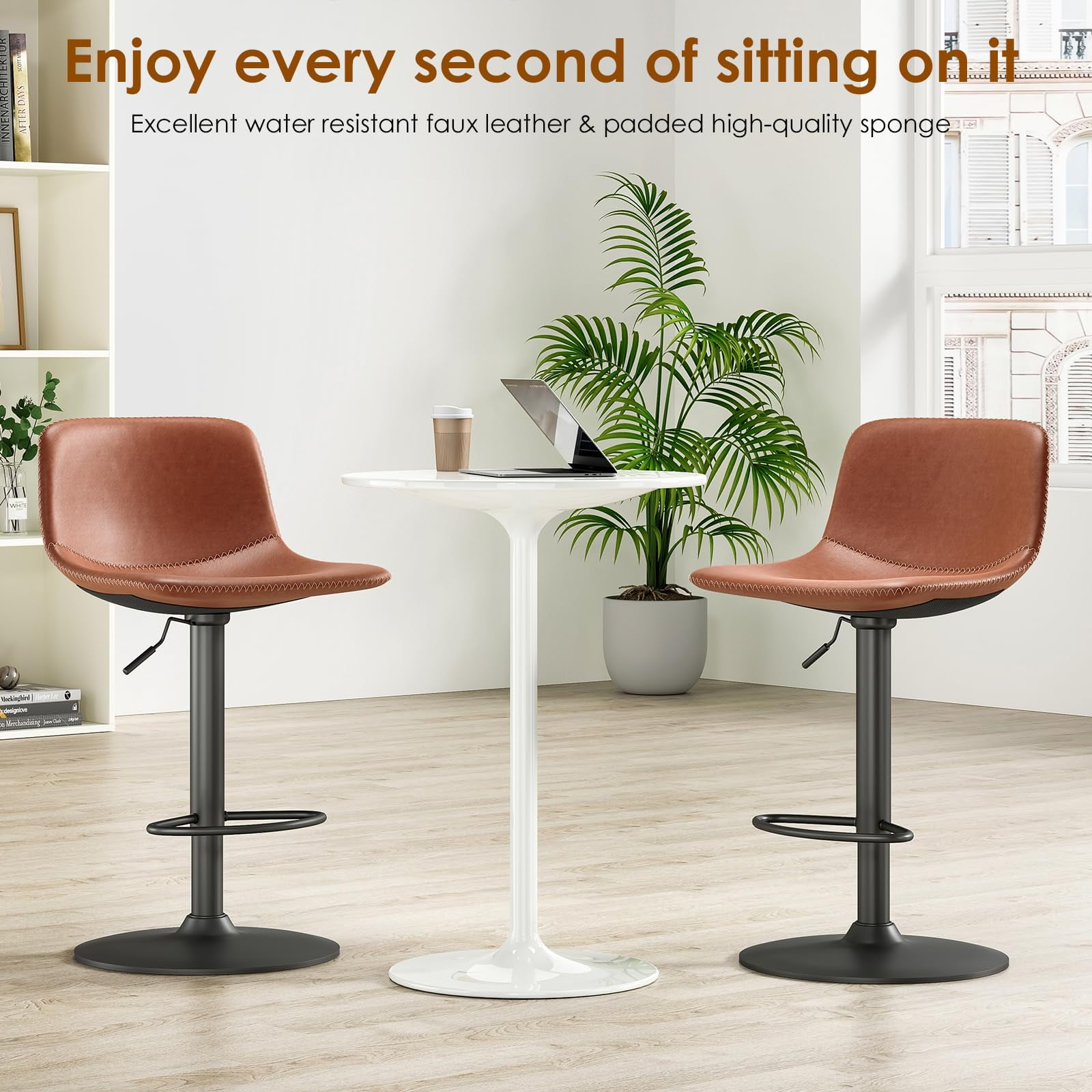STARY Adjustable Bar Stools Set of 2, Modern Swivel Bar Stools, Bar Height Stools with Back Support, Pu Leather Bar Stool for Kitchen Island Counter