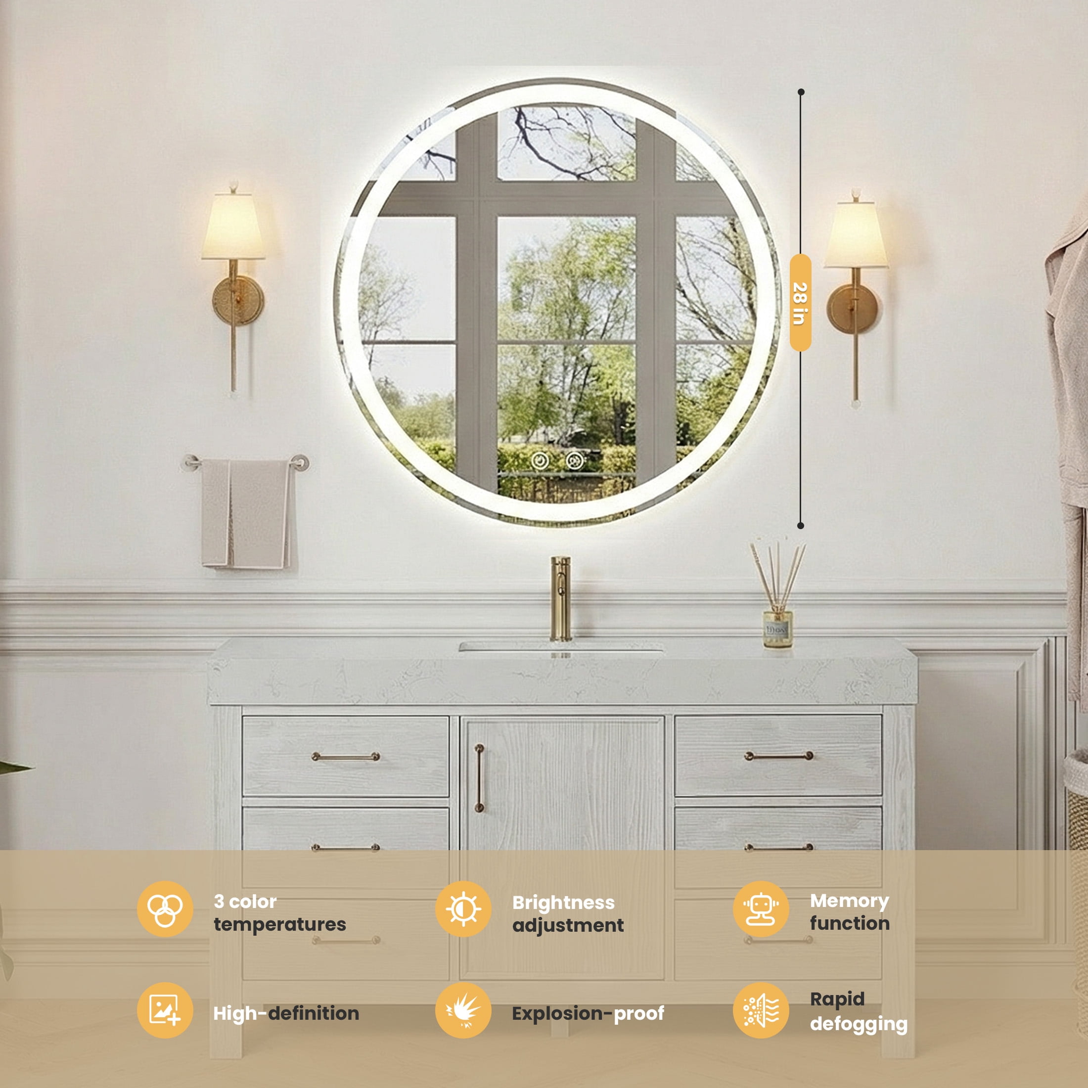 EDX 28" Anti-fog LED Bathroom Mirror with Dual Light Source and Three Lighting Modes, White