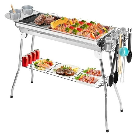 Portable Charcoal Grill, Folding BBQ Grill Stainless Steel - Large 38.98in Outdoor Camping Smoker w/ Spice Plate & Holder