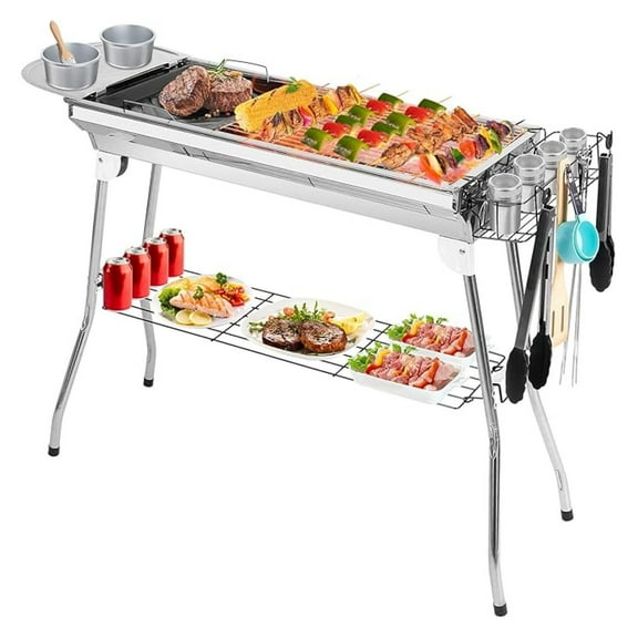 Portable Charcoal Grill, Folding BBQ Grill Stainless Steel - Large 38.98in Outdoor Camping Smoker w/ Spice Plate & Holder