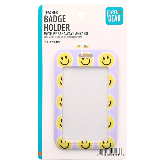 Pen+Gear Smiley Face Teacher ID Badge Holder with Breakaway Lanyard