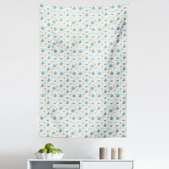 Orange Blue Tapestry, Theme Sailboats Seagulls and Fishes Pattern, Fabric Wall Hanging Decor for Bedroom Living Room Dorm, 5 Sizes, Multicolor, by Ambesonne